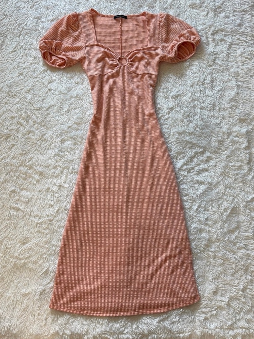 Caution To The Wind Peach Midi Dress with Front Ring & Puff Sleeves
